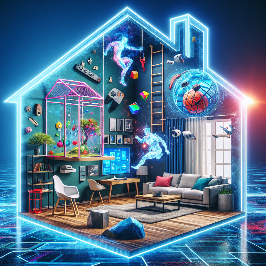 "Transformative home interiors showcasing virtual hologram walls for immersive play experiences, enhancing home entertainment and creativity."